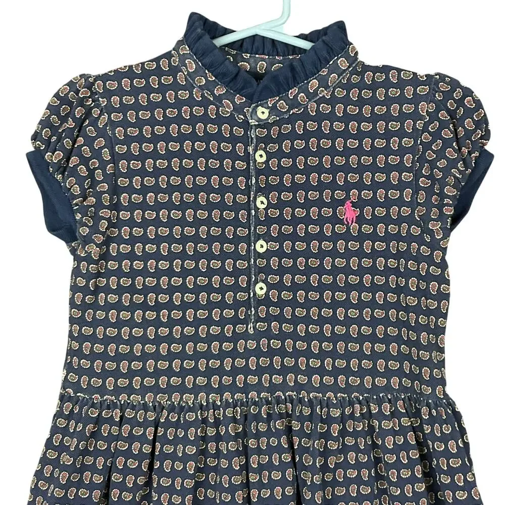 RALPH LAUREN Girls Dress Navy Blue Pink Paisley Ruffle Pony Logo Puff Sleeve 6